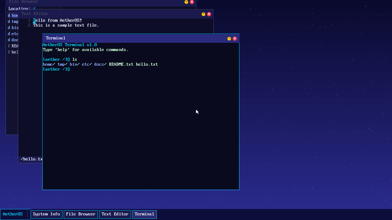 AetherOS desktop in QEMU: file browser, text editor and terminal windows over a starfield, taskbar along the bottom, terminal showing the output of ls.
