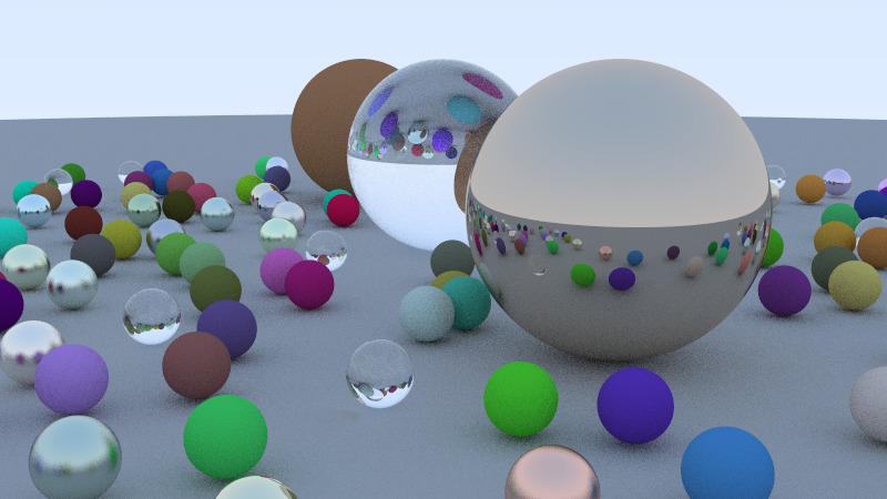 A path-traced scene of many coloured matte, metal and glass spheres on a grey ground under a pale sky, with grain from low sample counts.
