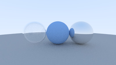 The same scene of a glass ball, a blue ball and a mirror ball on a grey floor, much smoother, with a little grain left.