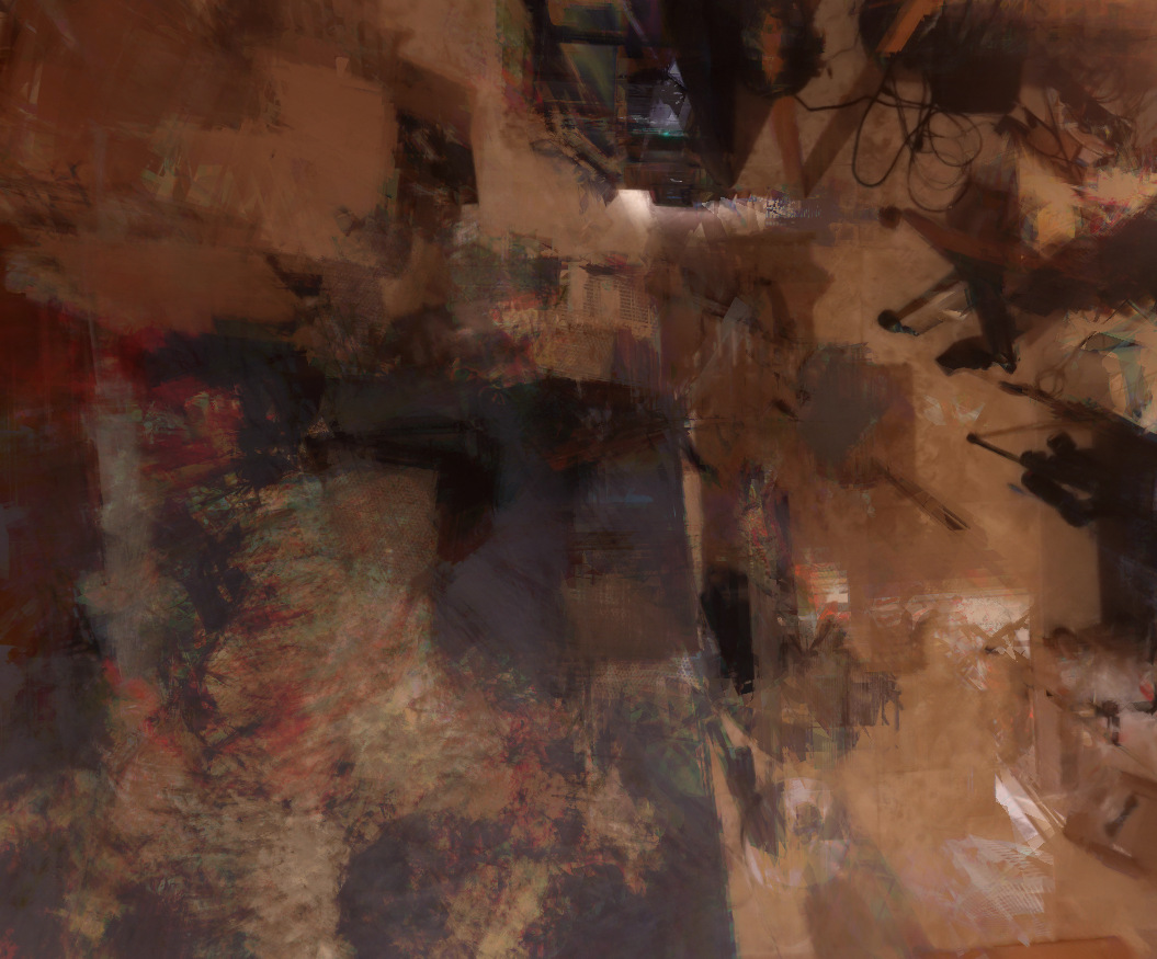 A smeared brown and grey top-down mosaic of the floor, with furniture and cables blurred across it