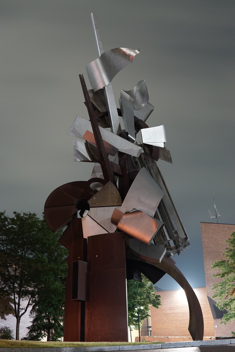 Abstract metal sculpture at dusk