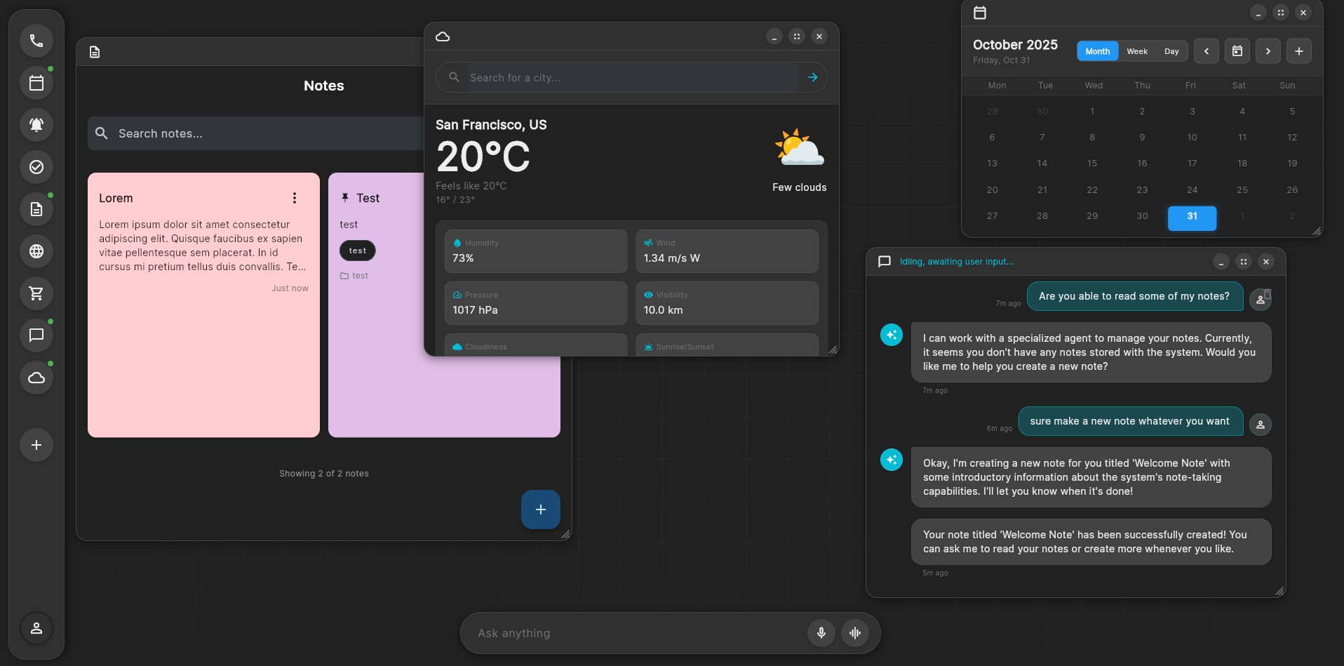Dark desktop-style interface with a notes window, a weather window, a calendar and a chat window, and a launcher rail on the left